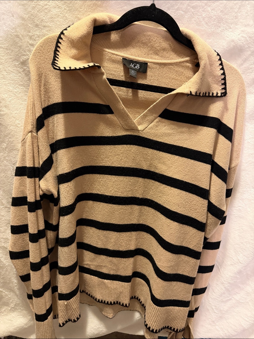 AGB Beige V-Neck Polo Sweater with Black Stripes